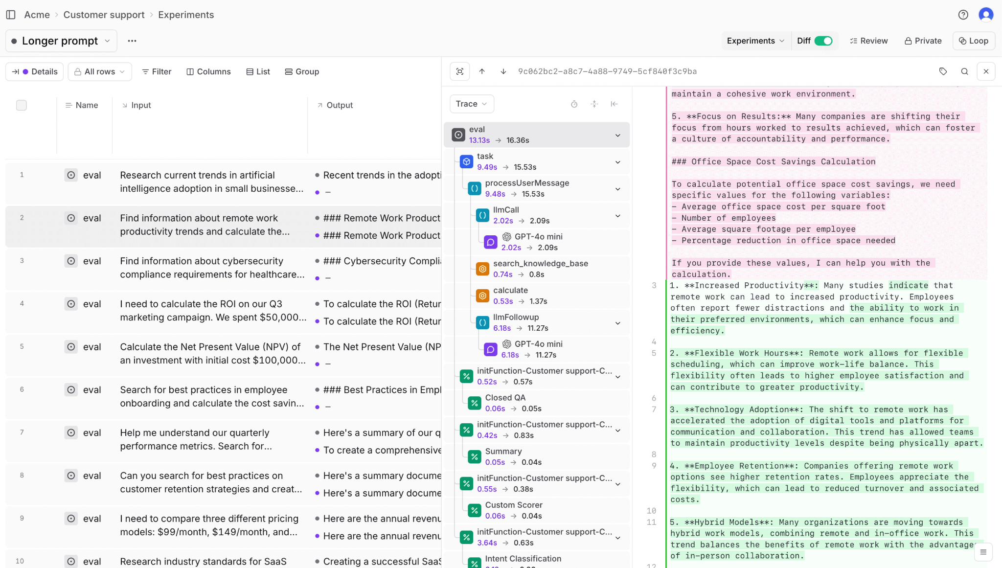 Braintrust experiment comparison view with tracing and scoring across agent evaluations