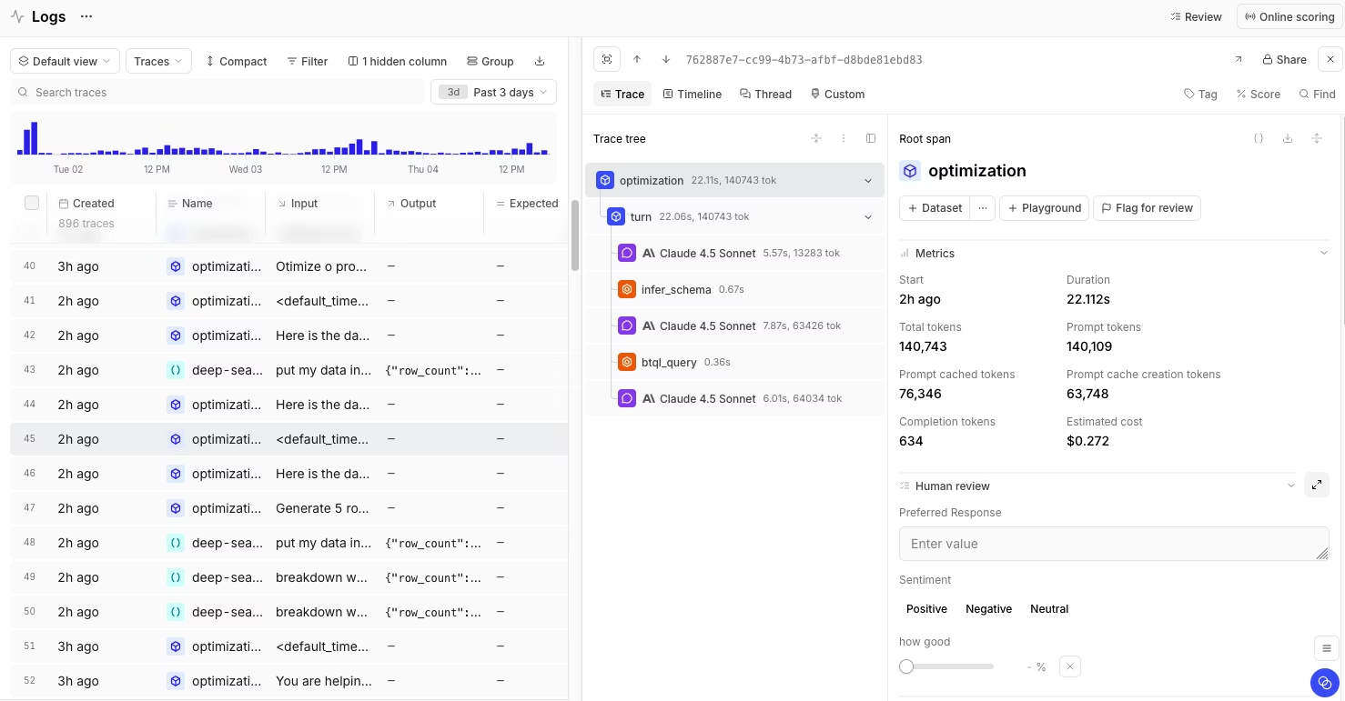 Braintrust logs and tracing