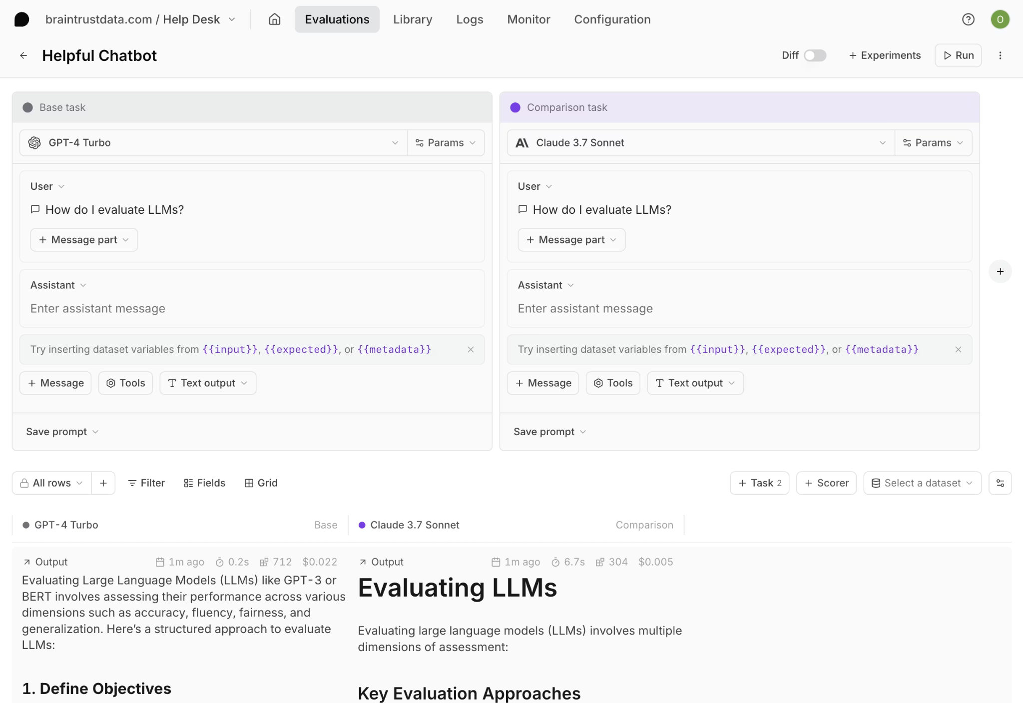 Braintrust evaluation playground with side-by-side prompt comparison across models